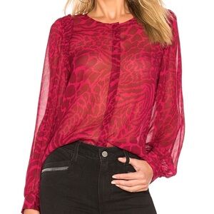PAIGE Ambrosine Long Sleeve 100% Sheer Silk Blouse Rumba Red Mixed Zebra, Medium